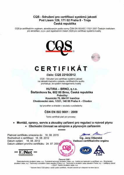 Certifikát kvality ISO 9001